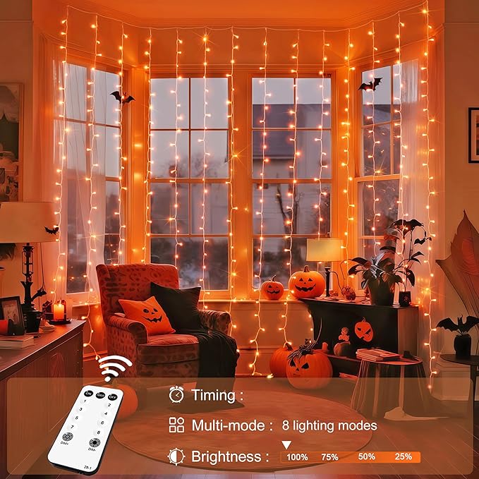 JMEXSUSS 300LED Orange Halloween Lights with Remote, 9.8x9.8ft Halloween Curtain Light, 8 Modes Orange Hanging String Lights Plug in for Fall Bedroom Thanksgiving Window Party Indoor Outdoor Decor
