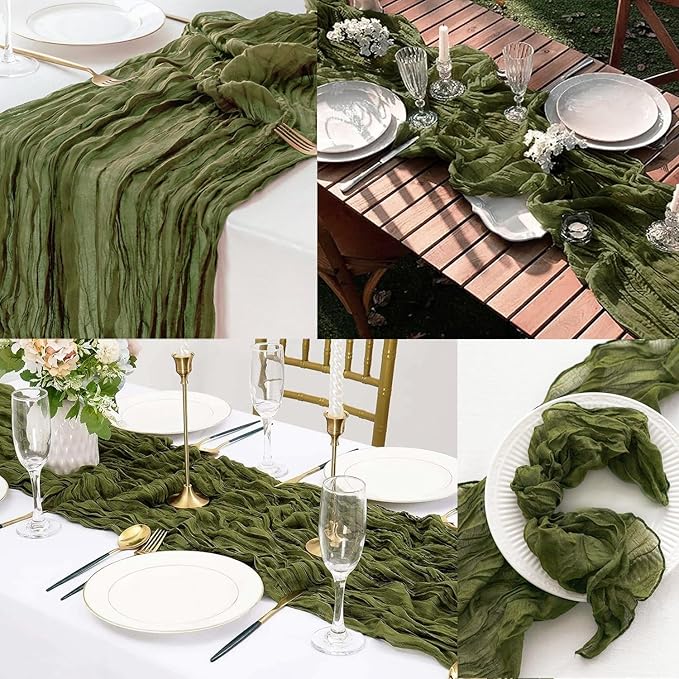 20 Pack Olive Green 10FT Cheesecloth Table Runner Rustic Gauze Cheese Cloth Table Runner for Wedding Bridal Baby Shower Table Decorations Boho Fabric Sheer Birthday Party Decor 20 x 120 Inch Long