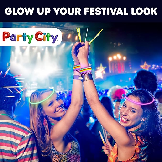 Party City 500 Glow Sticks Bulk Party Pack 8”– Neon Glow in the Dark Party Supplies, Glowsticks with Connectors Bracelets & Necklaces, Light Up Favors for Kids, Adults, Birthdays, Parties, Decorations