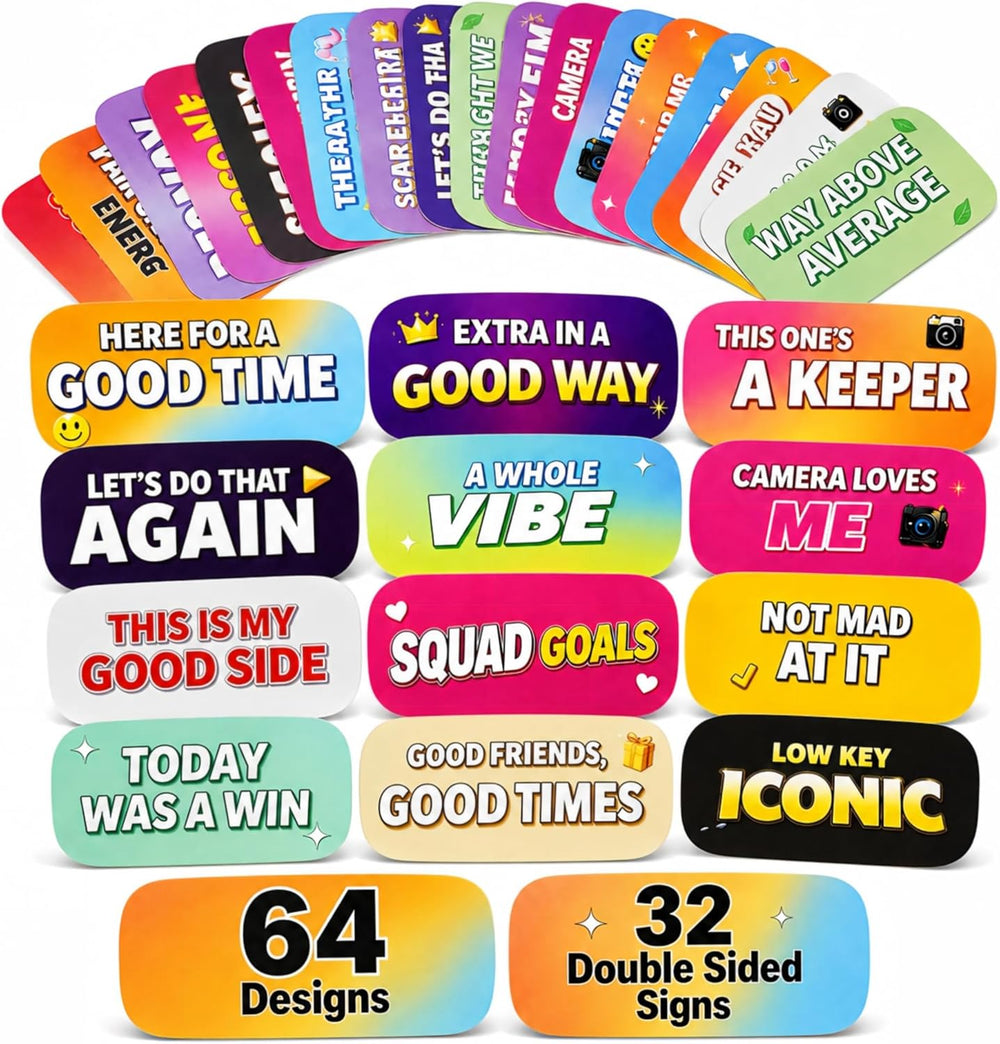 64 Designs Funny Photo Booth Props, 32 Double Sided PVC Signs