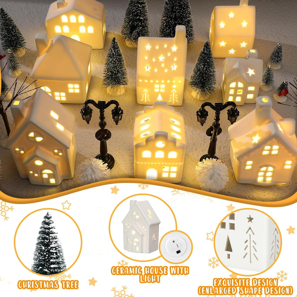 cindeer 26 pcs ceramic christmas village set led, close-up detail