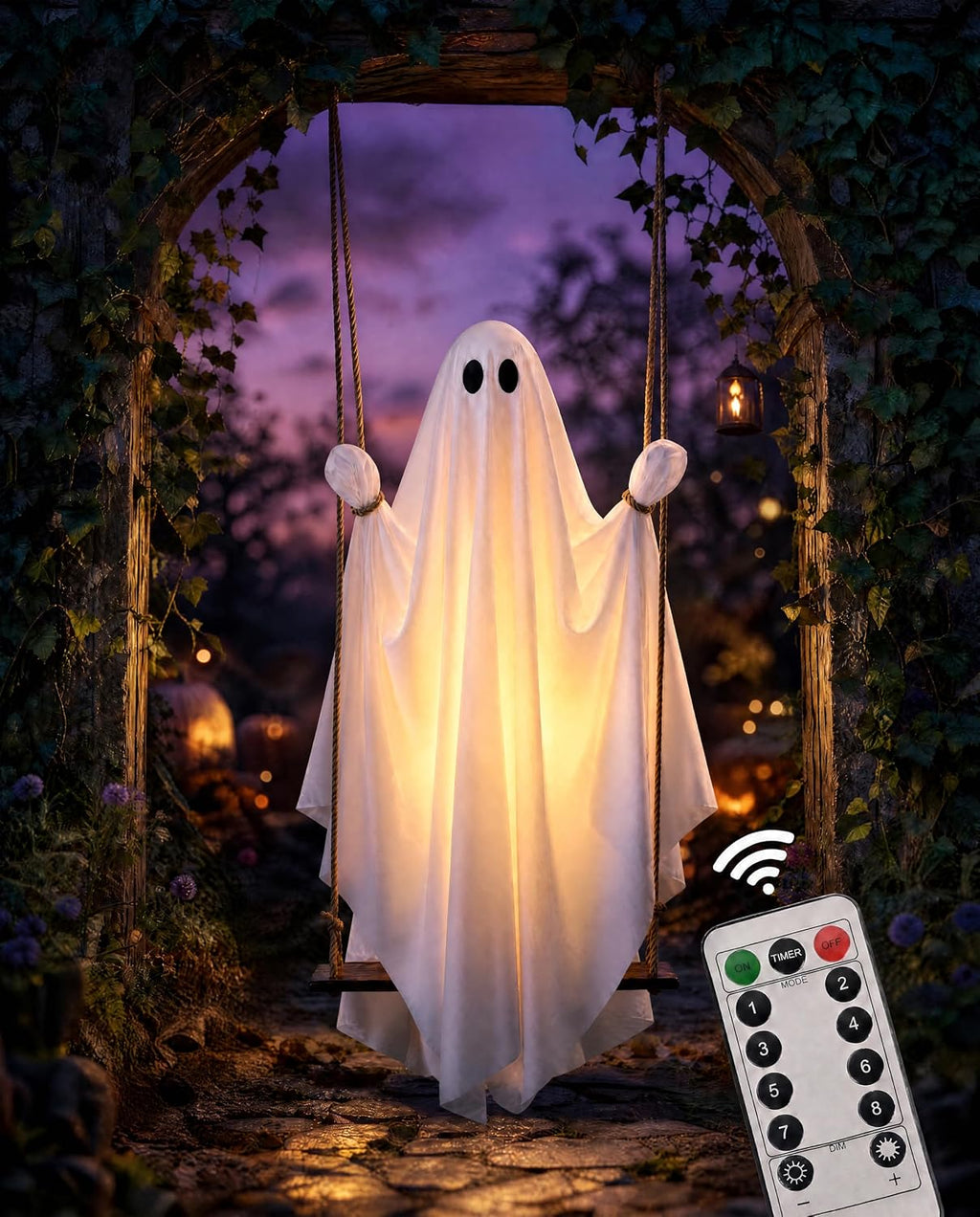 Halloween Decorations Outdoor 4FT Large Hanging Swing Ghost with LED Light