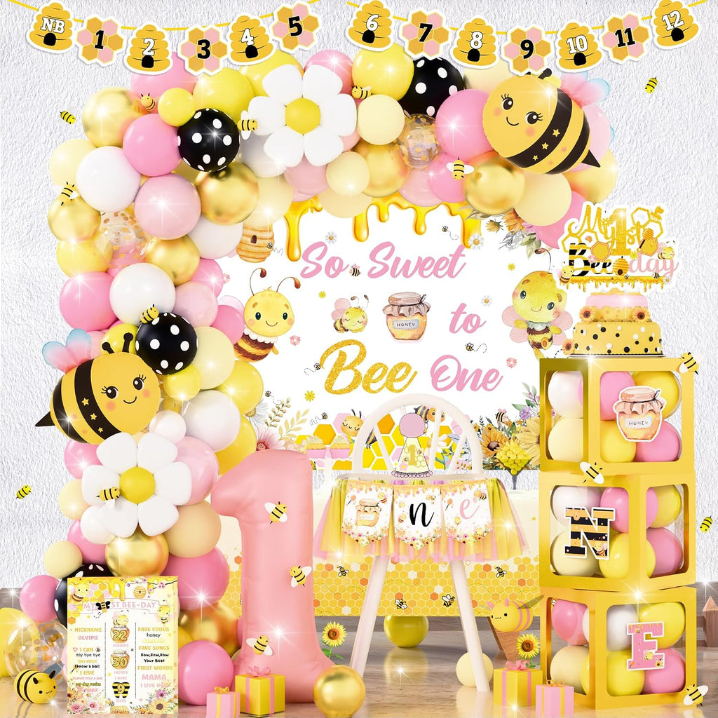 Bee 1st Birthday Party Decorations for Girl, Yellow Pink Honey Bee Themed Party Supplies, Bumble Bee My 1st Bee Day Party So Sweet to Bee One Backdrop Balloon Arch Banner for First Birthday Girl Decor