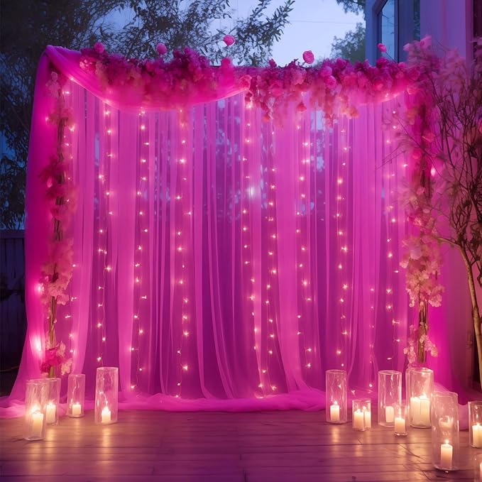 30×10ft Hot Pink Tulle Backdrop Curtain with Lights String for Parties, Sheer Photo Backdrop Curtains for Wedding Bridal Shower Party Photography Background