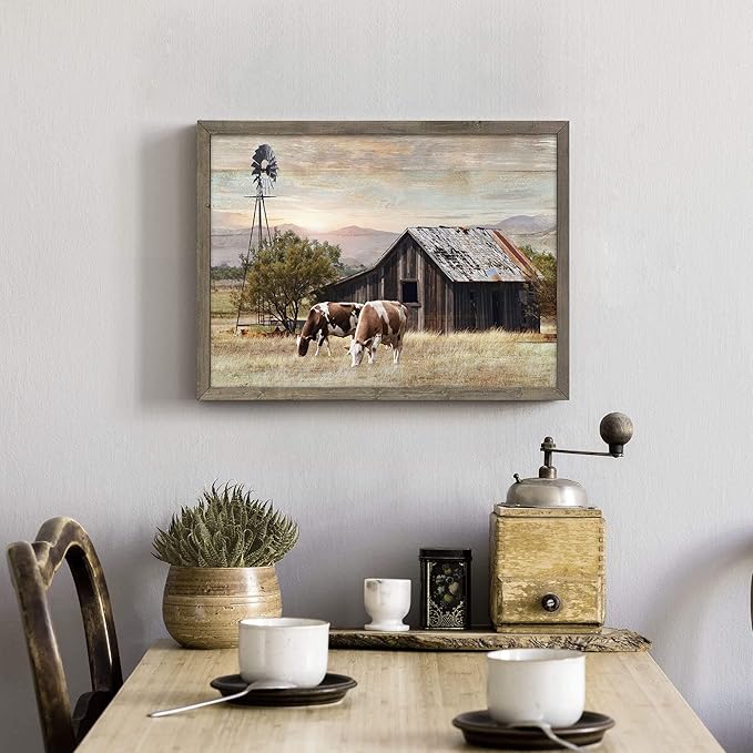 Nature Scene Wooden Framed Art：Horses&Vintage House under the Mountain Painting Print with Framed for Bathroom (12'' x 16'' x 1 Panel)