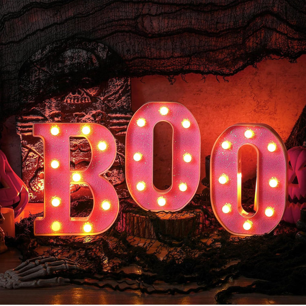 Baquler 3 Pcs Halloween Boo Sign Light up Marquee LED Letters,Pink