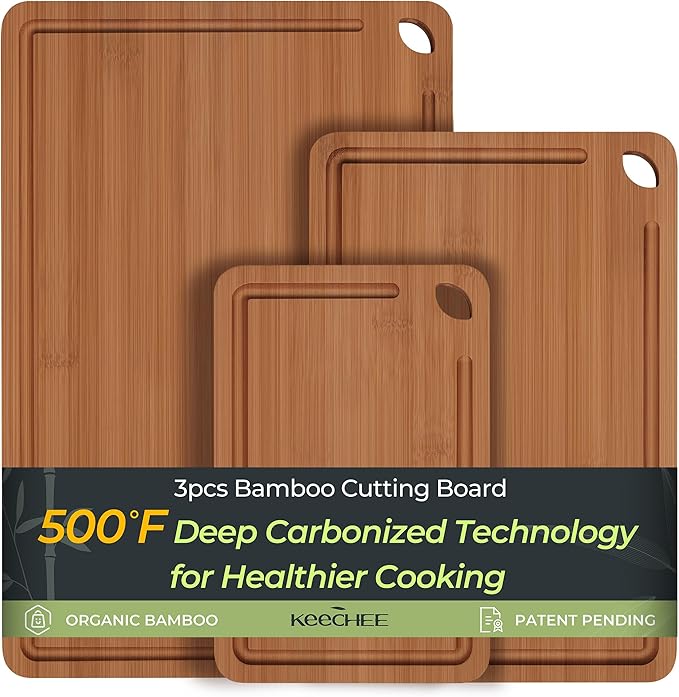 Bamboo Cutting Board, Durable Wood Cutting Boards for Kitchen with Deep Juice Grooves & Built-in Handles, Ideal Charcuterie & Chopping for Meat, Vegetables and Fruits Ideal Kitchen Gifts