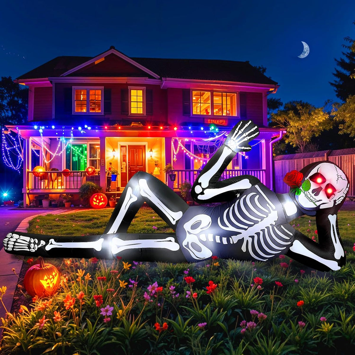 Giant Halloween Inflatables Skeleton Outdoor Decorations Biting a Rose