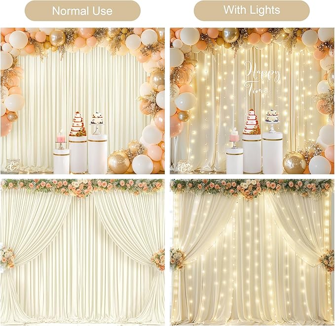 Beige Backdrop Curtains with Lights String for Parties,10x10FT Wrinkle Free Polyester Wedding Photo Backdrop Curtains for Baby Shower Birthday Ceremony Reception Home Party Decorations