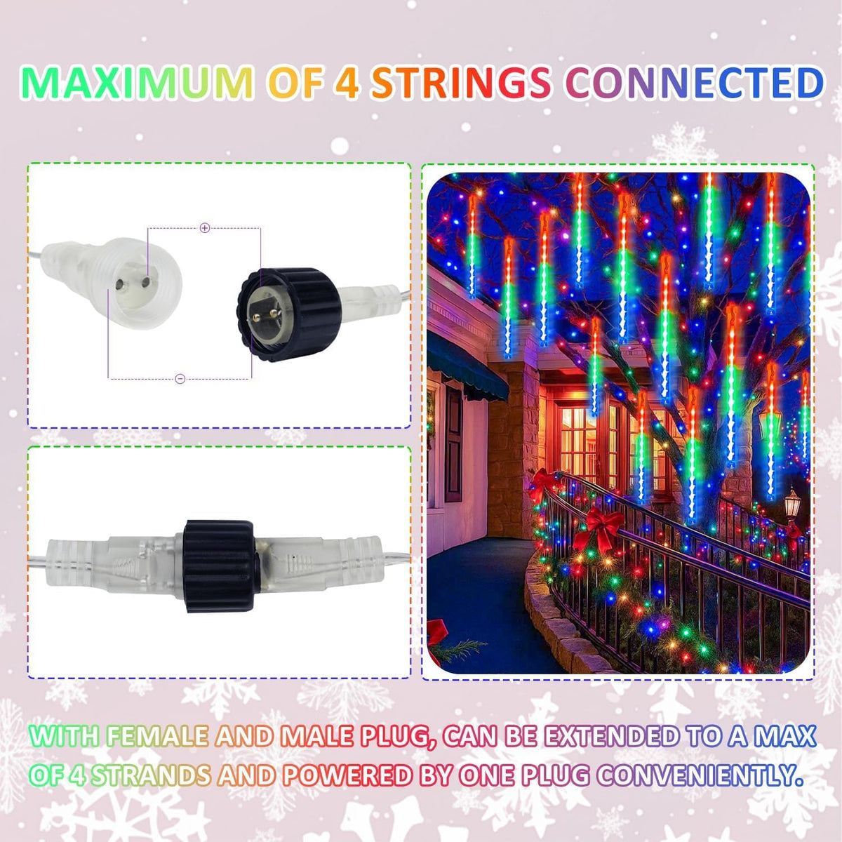 christmas lights outdoor 16 tubes 384 leds meteor, side view