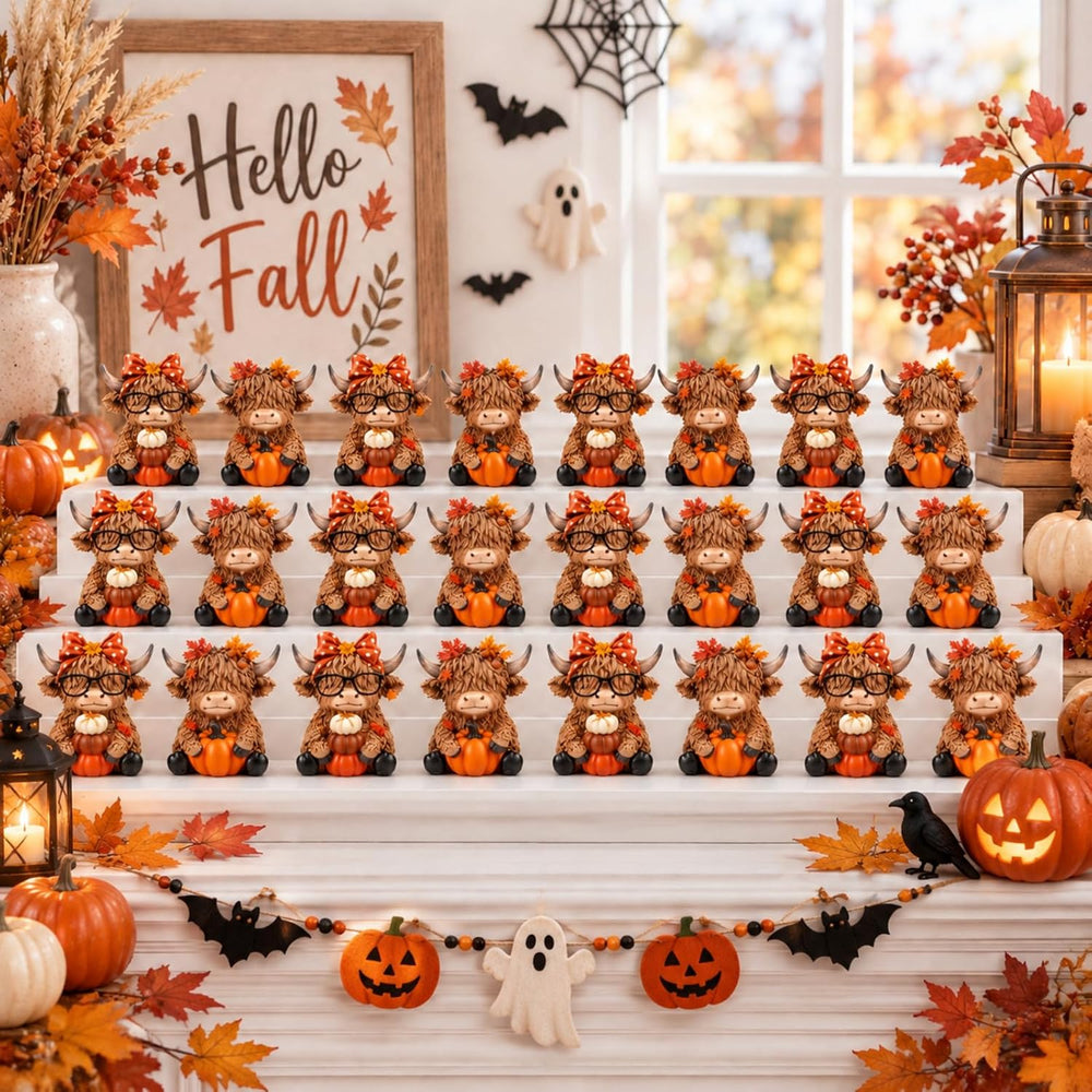 RattanView 96 Pcs Fall Halloween Mini Resin Highland Cow Figurines