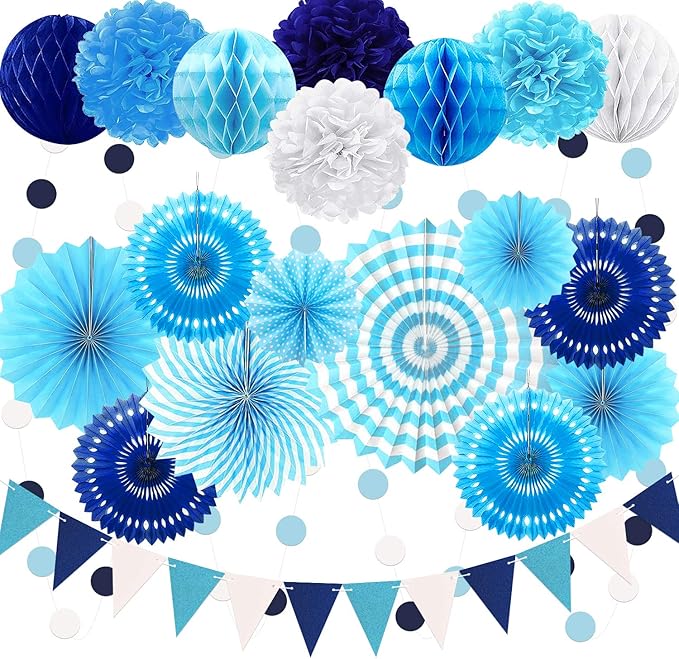 Navy-Light Blue Party Decorations, 23Pcs Hanging Paper Fans Party Decorations with Honeycomb Ball, Pom Poms Flowers for Boy Men Birthday Decoration, Bridal Shower,Baby Boy Showers,Wedding