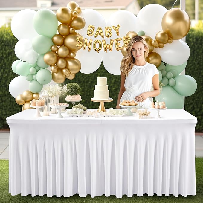 Wish Care 2 Pack White Spandex Table Clothes for 4 Foot Rectangle Tables, 4FT Wrinkle Free Fitted Tablecloths Ruffles Design Table Cover for Party, Banquet, Wedding and Events