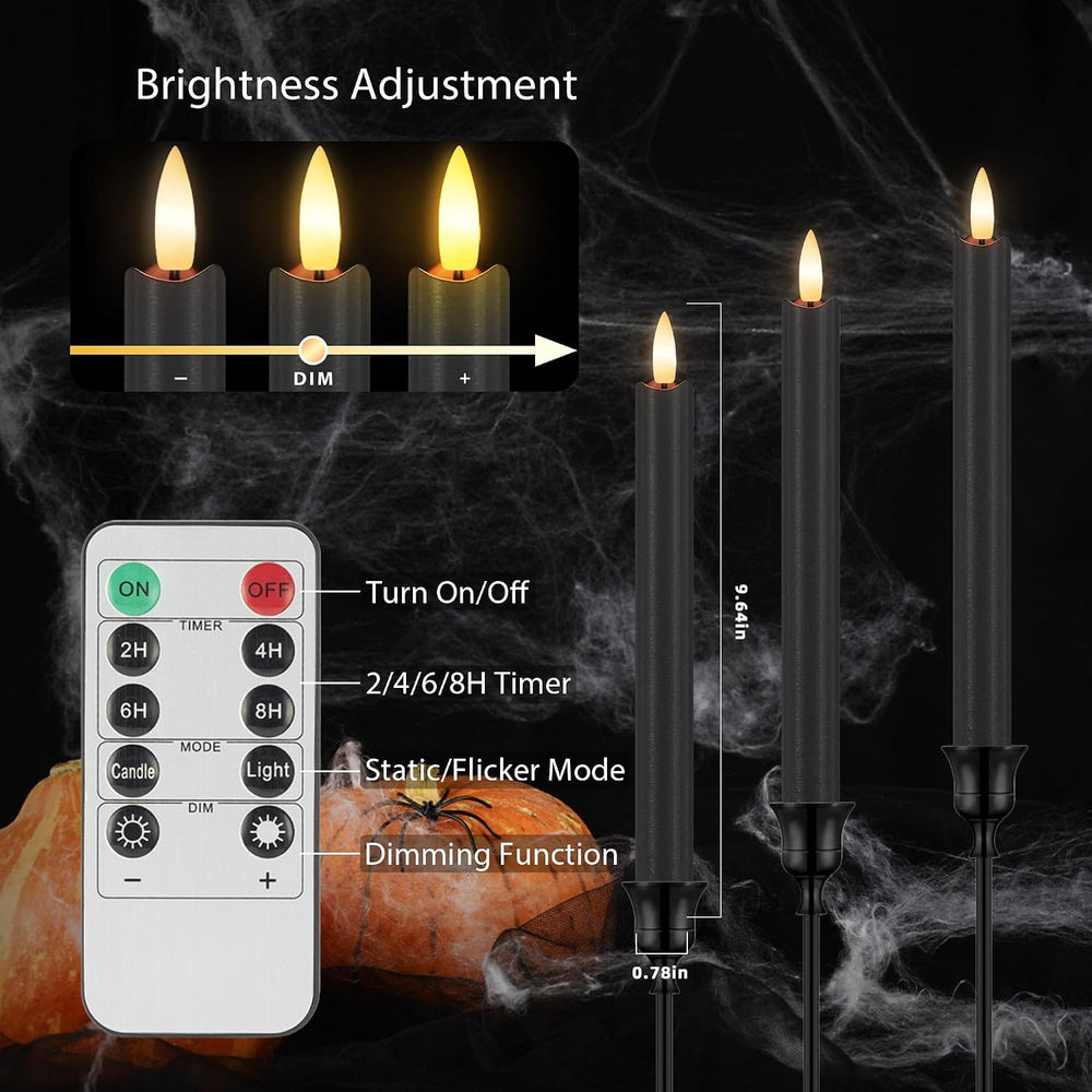 Black Flameless Taper Candles with Remote and Timer, Real Wax, 6 Pack