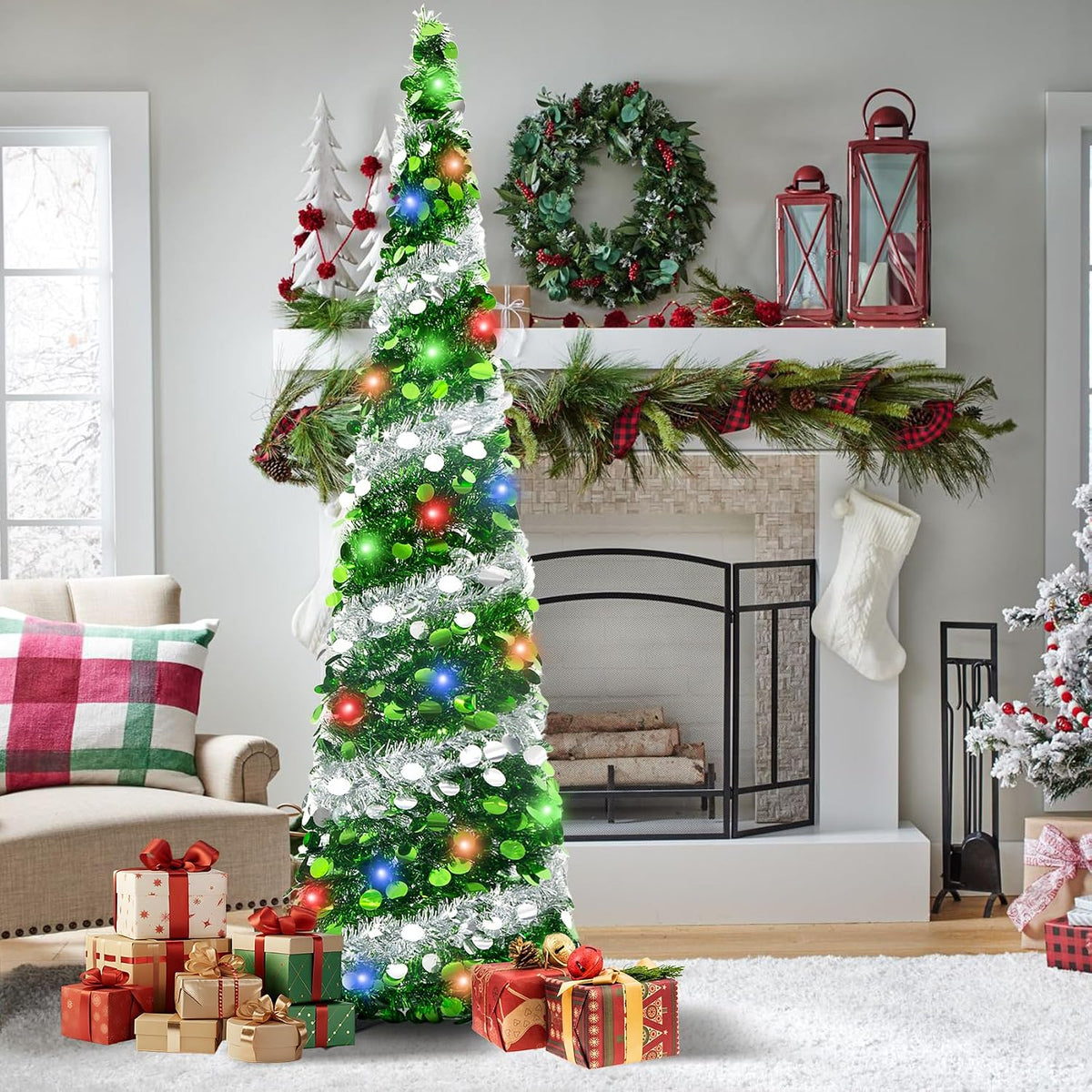 5Ft Pop Up Christmas Tree with Lights, Collapsible Pencil Tree Green Silver, Skinny Christmas Tree Slim Xmas Tree, Artificial Tinsel Tree Foldable for Home Apartment Holiday Party Winter Decor