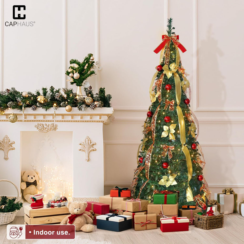 CAPHAUS 6FT Pop Up Christmas Tree with 300 LED Lights, Pre-Lit Foldable Artificial Tree, Pre-Decorated with Red & Golden Ribbon, Collapsible for Indoor Home Office Party Holiday Decoration