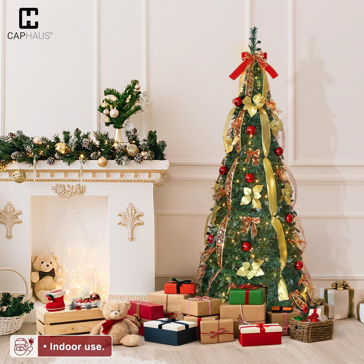 CAPHAUS 6FT Pop Up Christmas Tree with 300 LED Lights, Pre-Lit Foldable Artificial Tree, Pre-Decorated with Red & Golden Ribbon, Collapsible for Indoor Home Office Party Holiday Decoration