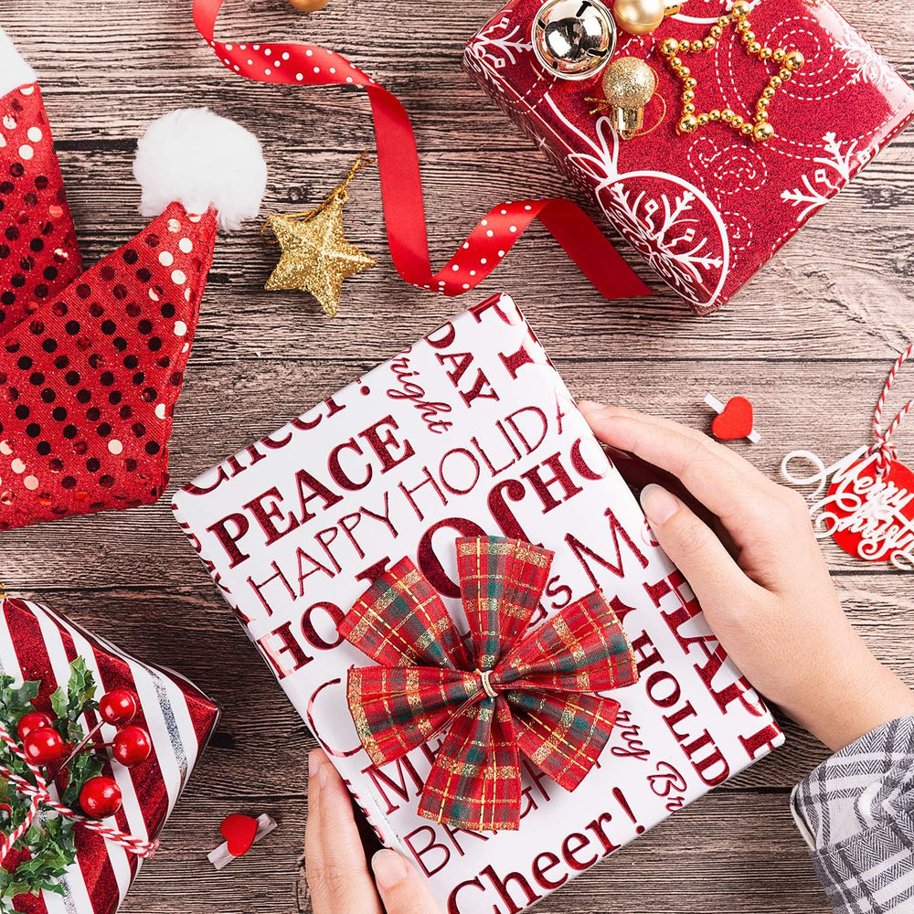 WRAPAHOLIC Christmas Wrapping Paper Set - Red and White Metallic Foil Shine C...