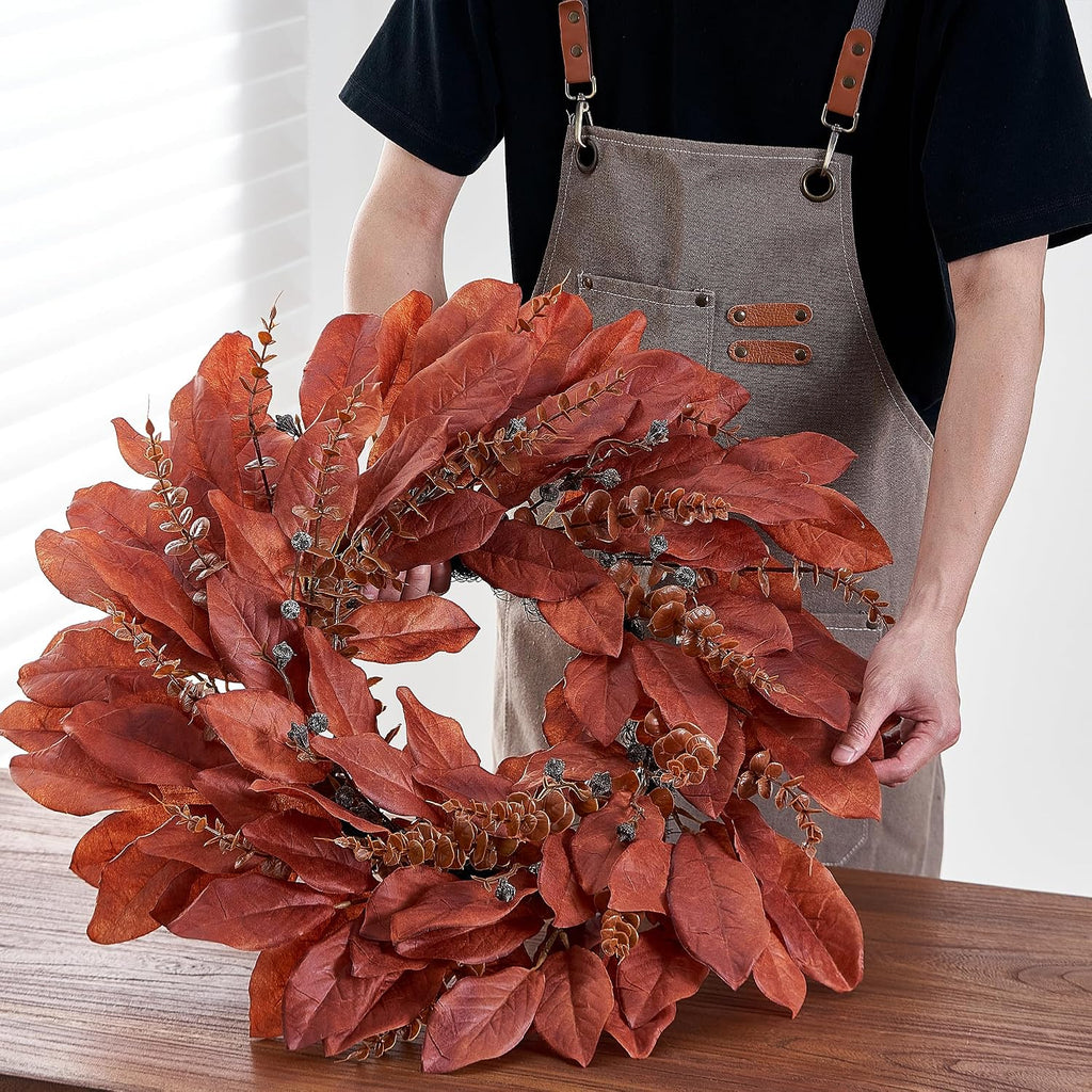 Large Artificial Magnolia Leaves Fall Wreath for Front Door Outside Decor