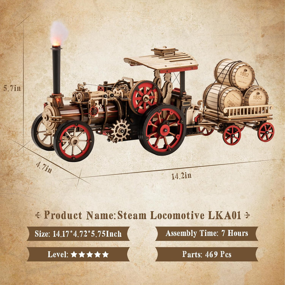 rowood 3D Wooden Puzzles for Adults, Steam Engine Car Model Kit, 1:28 Scale Mechanical Steam Locomotive Wooden Puzzle, 469PCS,Assembly Time 6H, Awesome Gifts for Adults