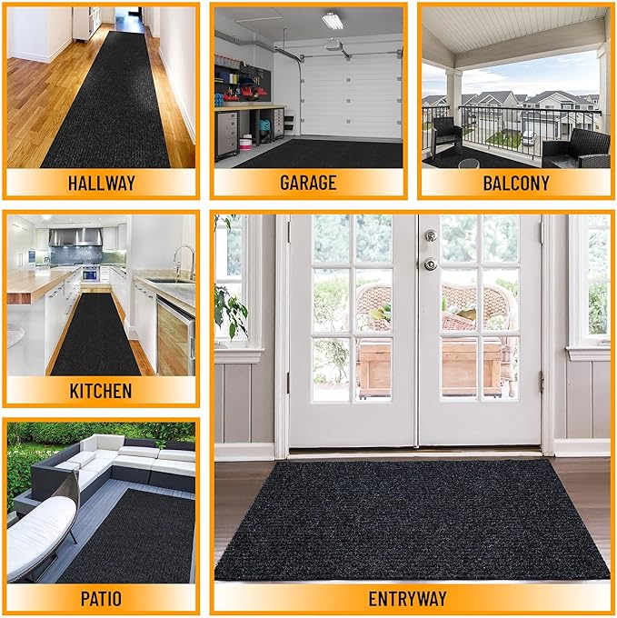 Ottomanson 2' x 12' Hallway Runner with Scraper Pile Extra Durable Non-Slip Rug Mat for Indoor & Outdoor Use - Ideal for Kitchen, Entryway, Patio & Garage - High-Traffic Carpet, Black