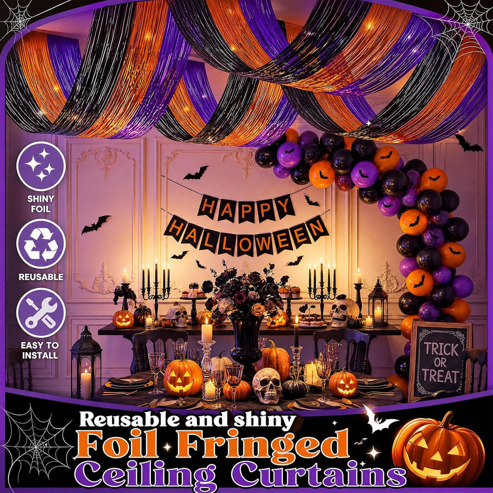 8 Pcs Halloween Decor, Orange Purple Black Ceiling Fringe Curtains