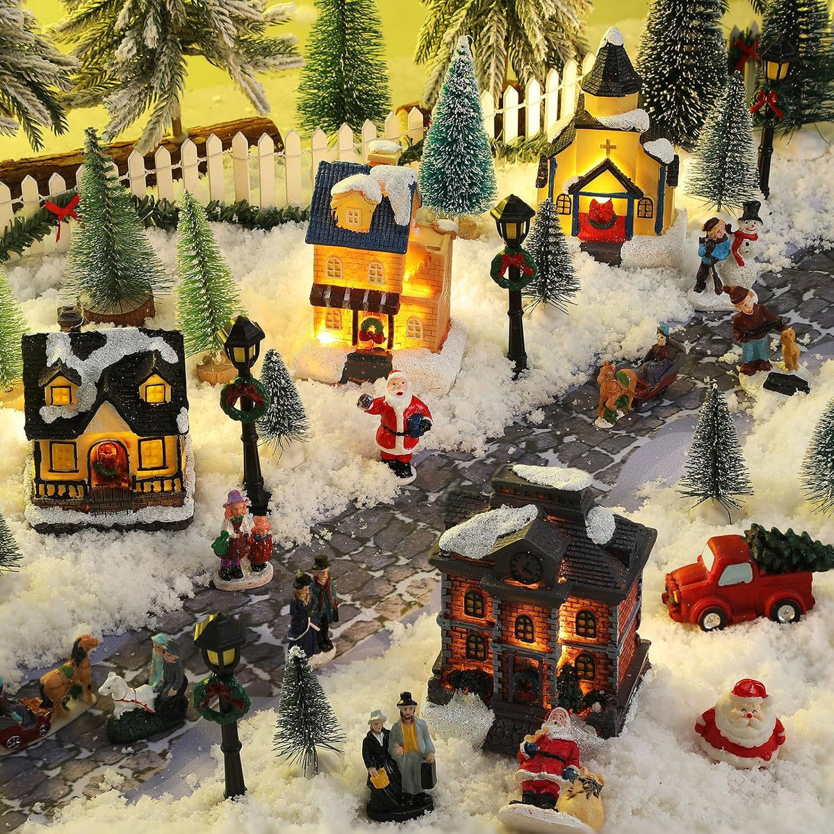 Wettarn 27 Pcs Lighted Christmas Village Houses Figurines Sets, Classic