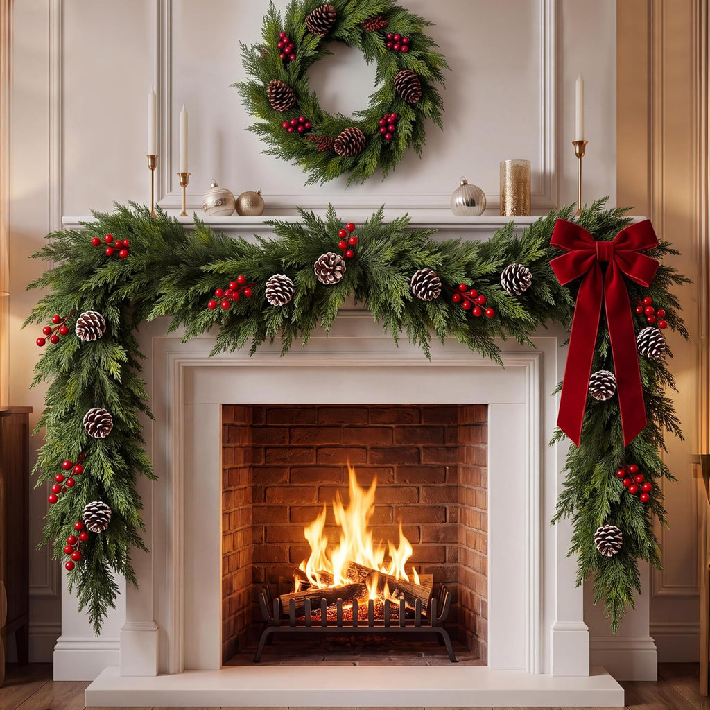Realistic Christmas Cedar Garland Decor - 9FT Real Touch,Fluffy for Mantle