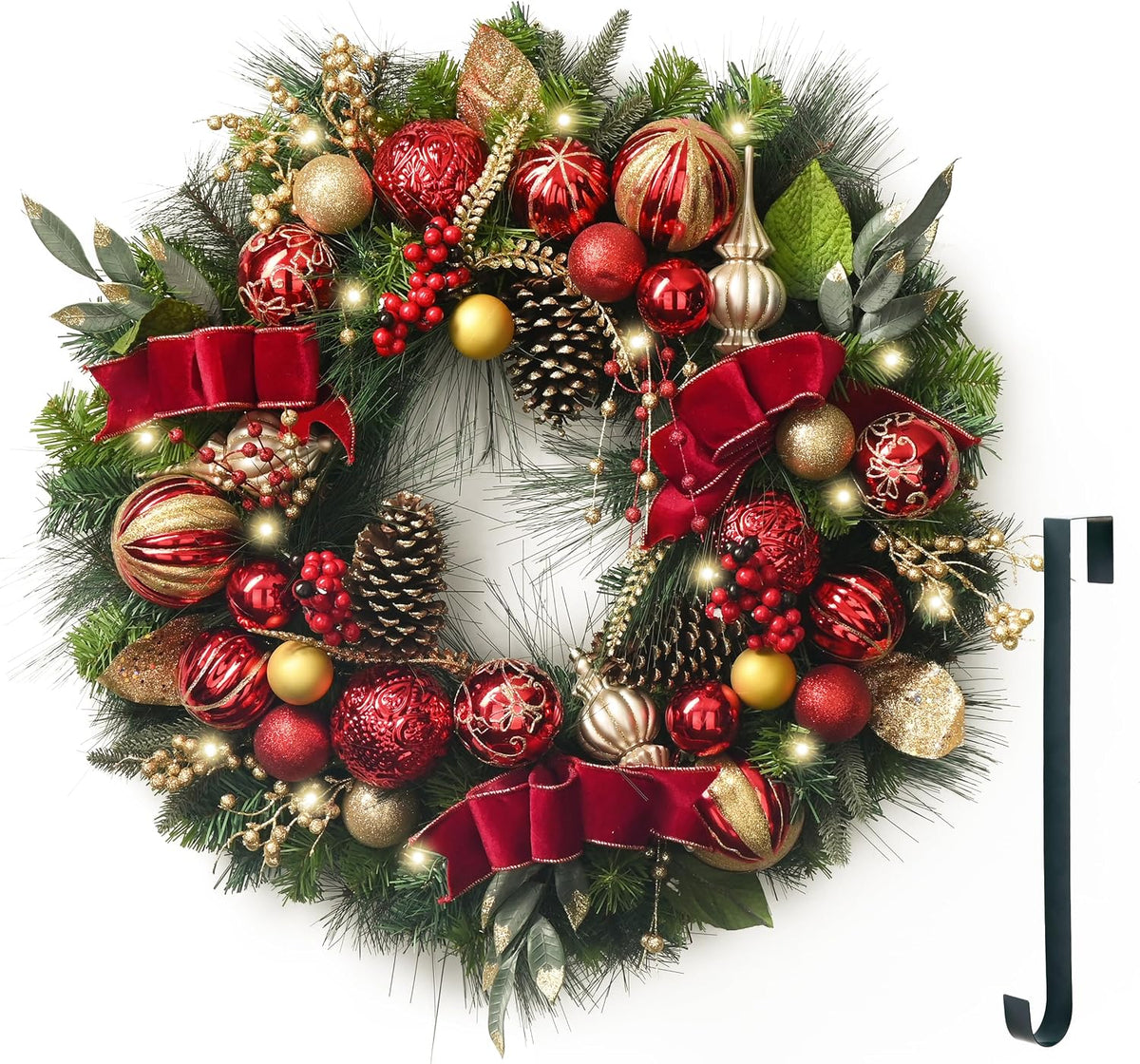 Valery Madelyn 30" Pre-Lit Large Christmas Wreath for Front Door Red Gold