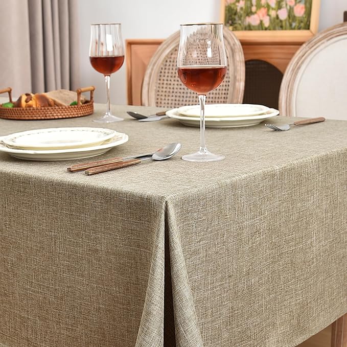 Fitable Faux Linen Table Clothes 60 x 84 Inch - 2 Pack Khaki Tablecloths for Rectangle Tables, Faux Burlap Table Covers for Kitchen Dining, Party, Farmhouse, Baby Shower
