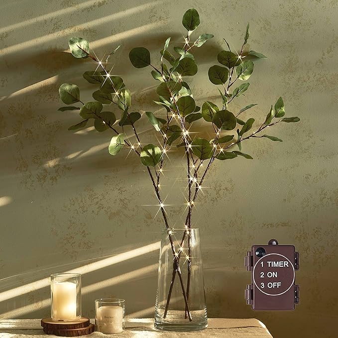 Hairui Lighted Eucalyptus Branches with Timer 24IN 36 LED Battery Operated for Wedding Christmas Party Home Spring Decor (Vase not Included)
