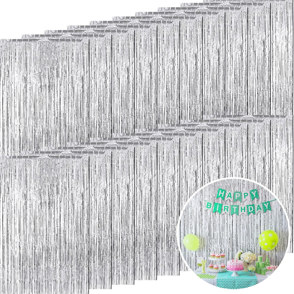 20 Pack Silver Foil Fringe Curtains, 3.28 x 8 FT Metallic Tinsel Backdrop