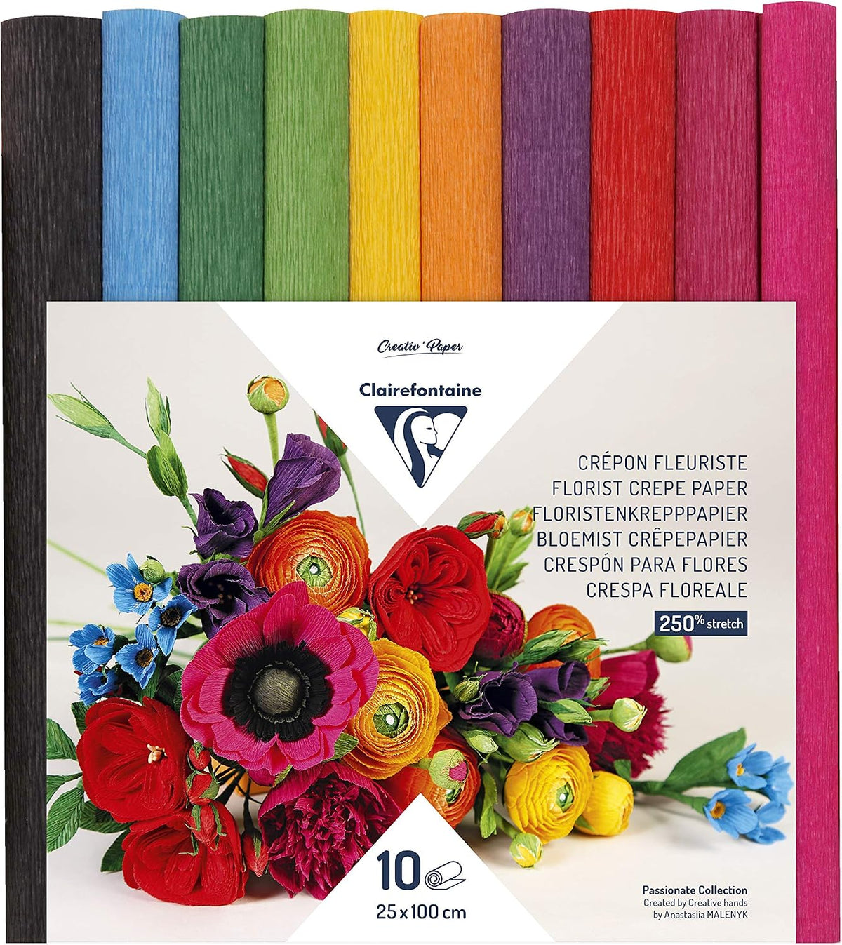 Clairefontaine 995001C - 10 Rolls of Florist Crepe Paper - Size 25 x 100 cm - 250% Elasticity - Weight 160 g - Paper Flowers - Non-Disgorging Colours - Assorted 10 Bright Colours