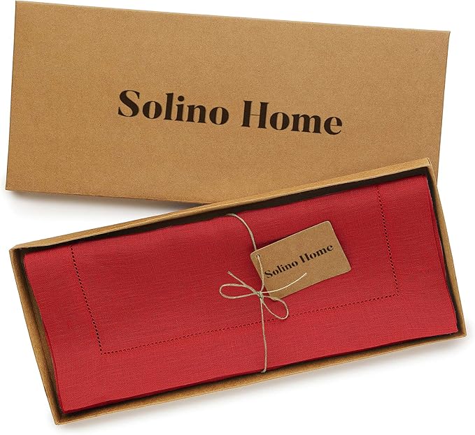 Solino Home Linen Red Table Runner 60 Inches - Classic Hemstitch, 100% Pure Linen Coffee Table Runner 14 x 60 Inch Ideal for Dresser Tables - Christmas, Holiday