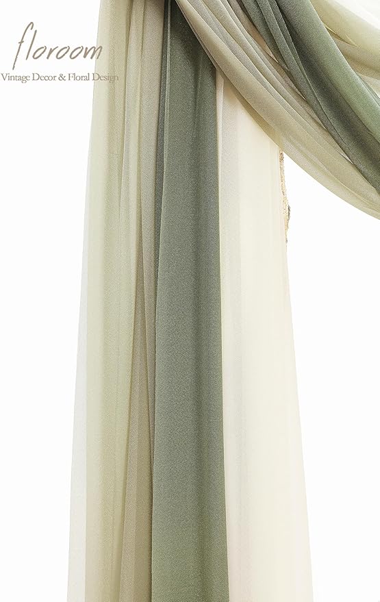 Floroom Wedding Arch Draping Fabric 3 Panels 20Ft Chiffon Fabric Drapes Arbor Drapery Wedding Ceremony Reception Swag Decorations (Forest Green +Sage Green +Ivory)