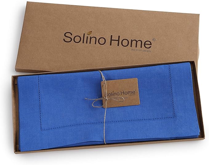 Solino Home Linen Royal Blue Table Runner 156 Inches Long - 100% Pure Linen Extra Long Table Runner 14 x 156 Inch - Classic Hemstitch