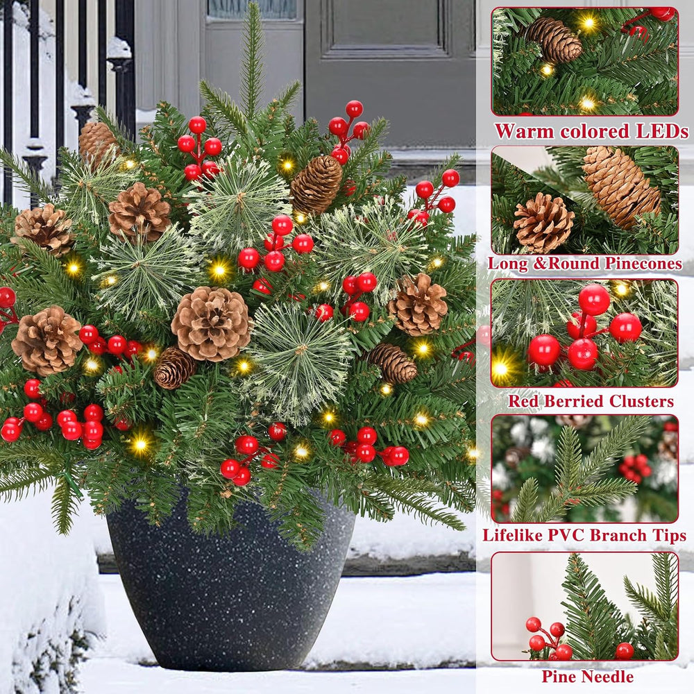 Outdoor Christmas Tree Urn Filler, Prelit Planter Bushes, 26 Inch Lighted Art...