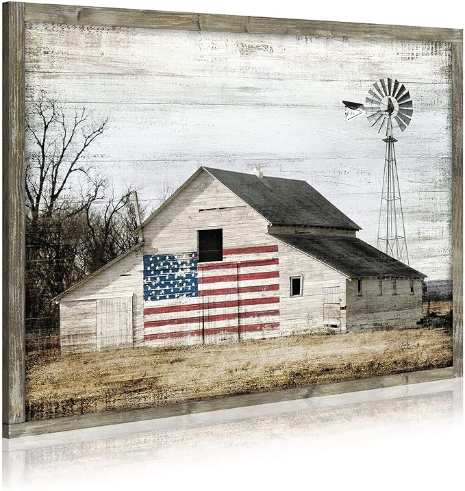 Rustic Landscape Wooden Picture Artwork - Neutral Color Barn with USA Flag Accent Windmill Painting Wall Art Framed