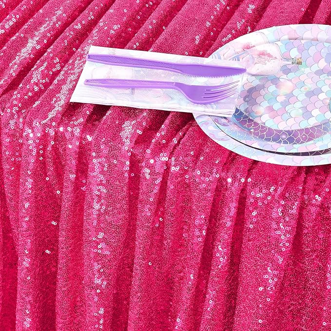 QueenDream Rectangular Sequin Tablecloth 90 x 132 inch Sparkly Patio Table Cloth for Spring Party Wedding Baby Shower Table Decoration Fuchsia