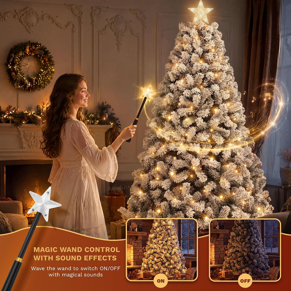 YITAHOME 7.5FT Prelit Flocked Magic Christmas Tree with Wand & Remote
