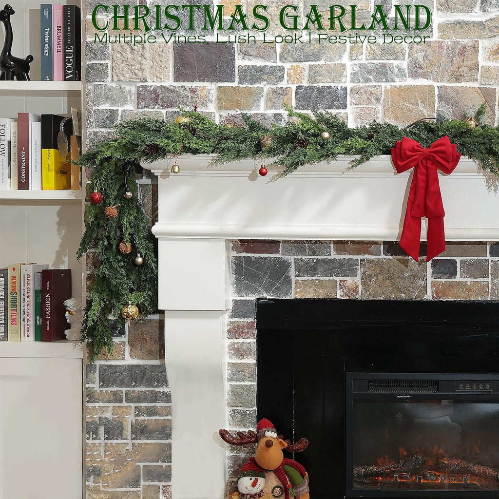 6 Feet Christmas Garland - Real Touch Cedar Garland - Realistic Greenery Cypress Pine Garland for Wall,Table,Fireplace,Mantle,Indoor Outdoor - Christmas Decorations - Free Battery LED Lights