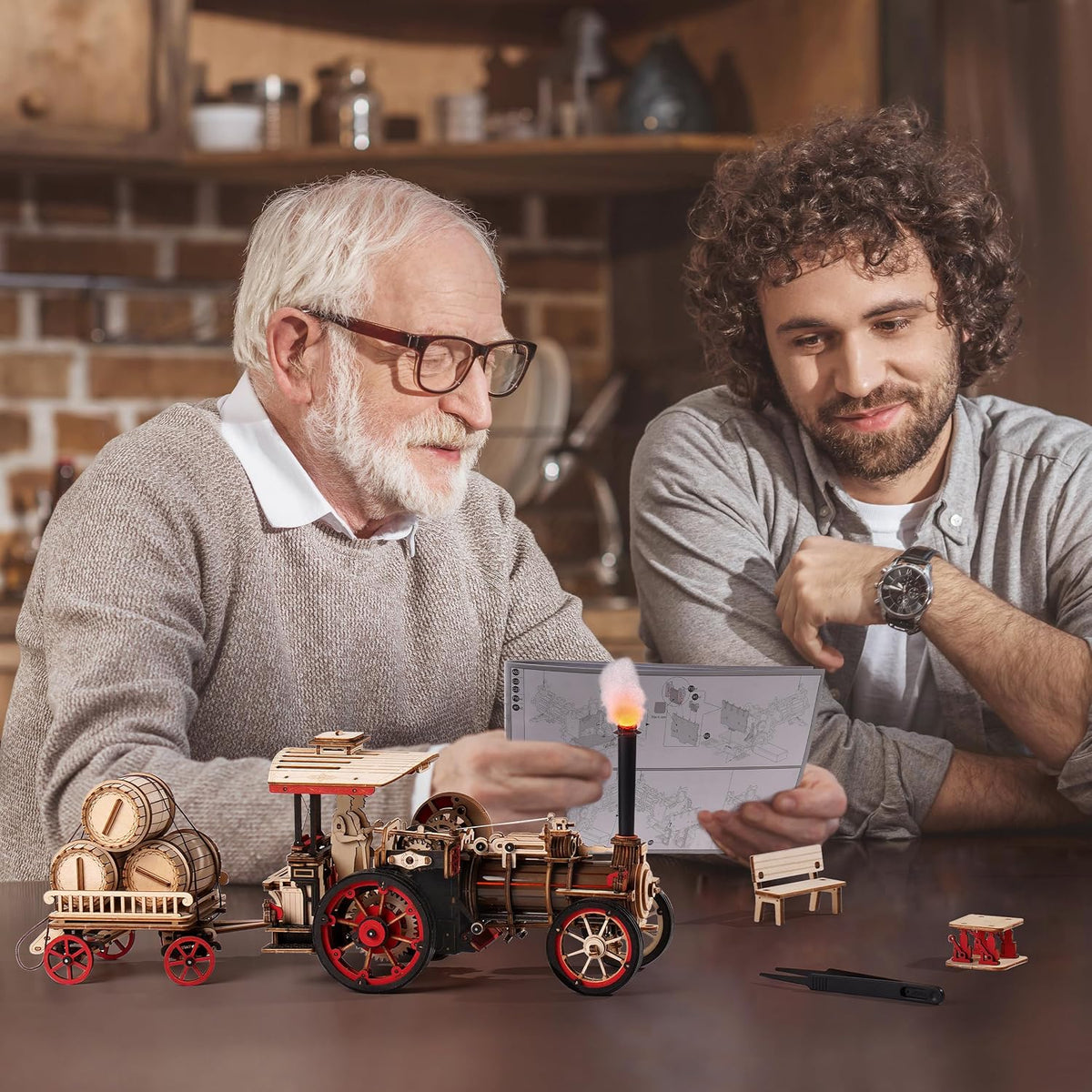 rowood 3D Wooden Puzzles for Adults, Steam Engine Car Model Kit, 1:28 Scale Mechanical Steam Locomotive Wooden Puzzle, 469PCS,Assembly Time 6H, Awesome Gifts for Adults