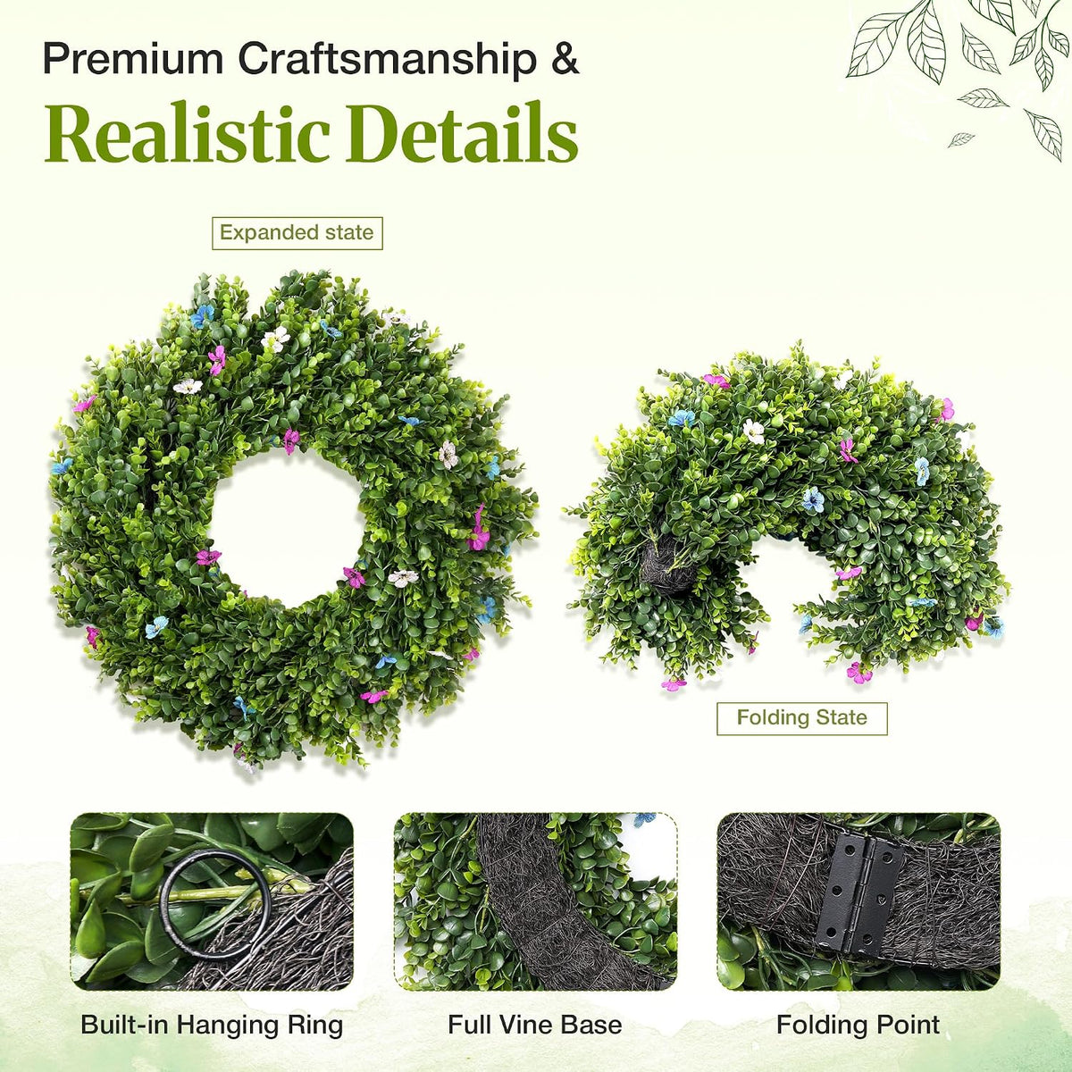 picktop 28-inch artificial boxwood wreath, wreaths for front, side view