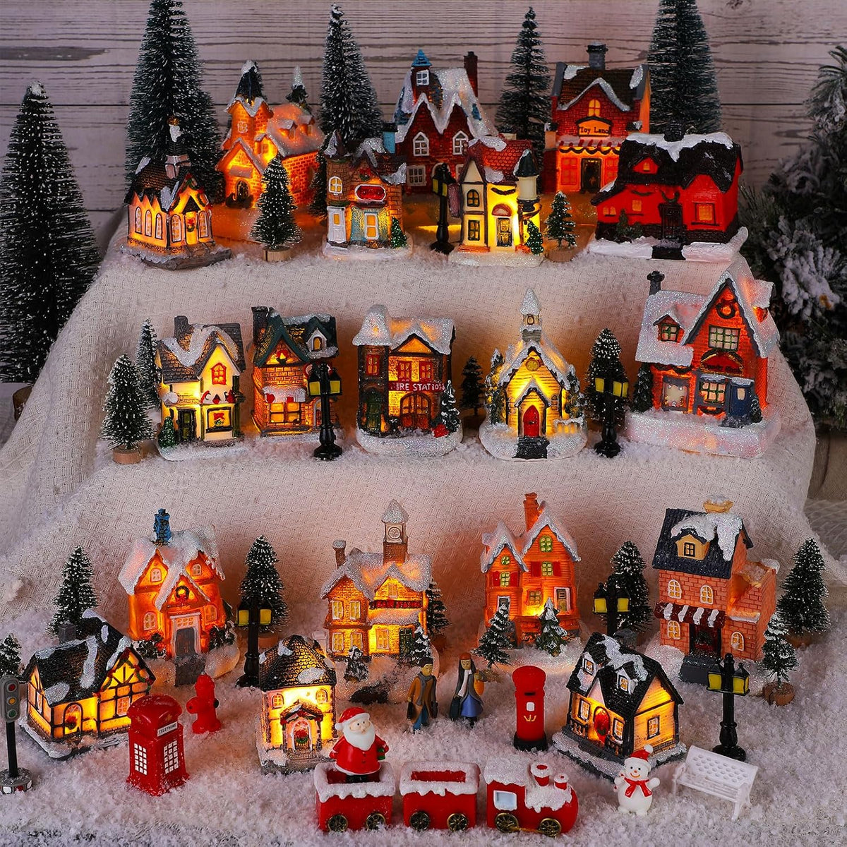 Zubebe 64 Pcs LED Christmas Village Houses Holiday Town Scene Set,Classic