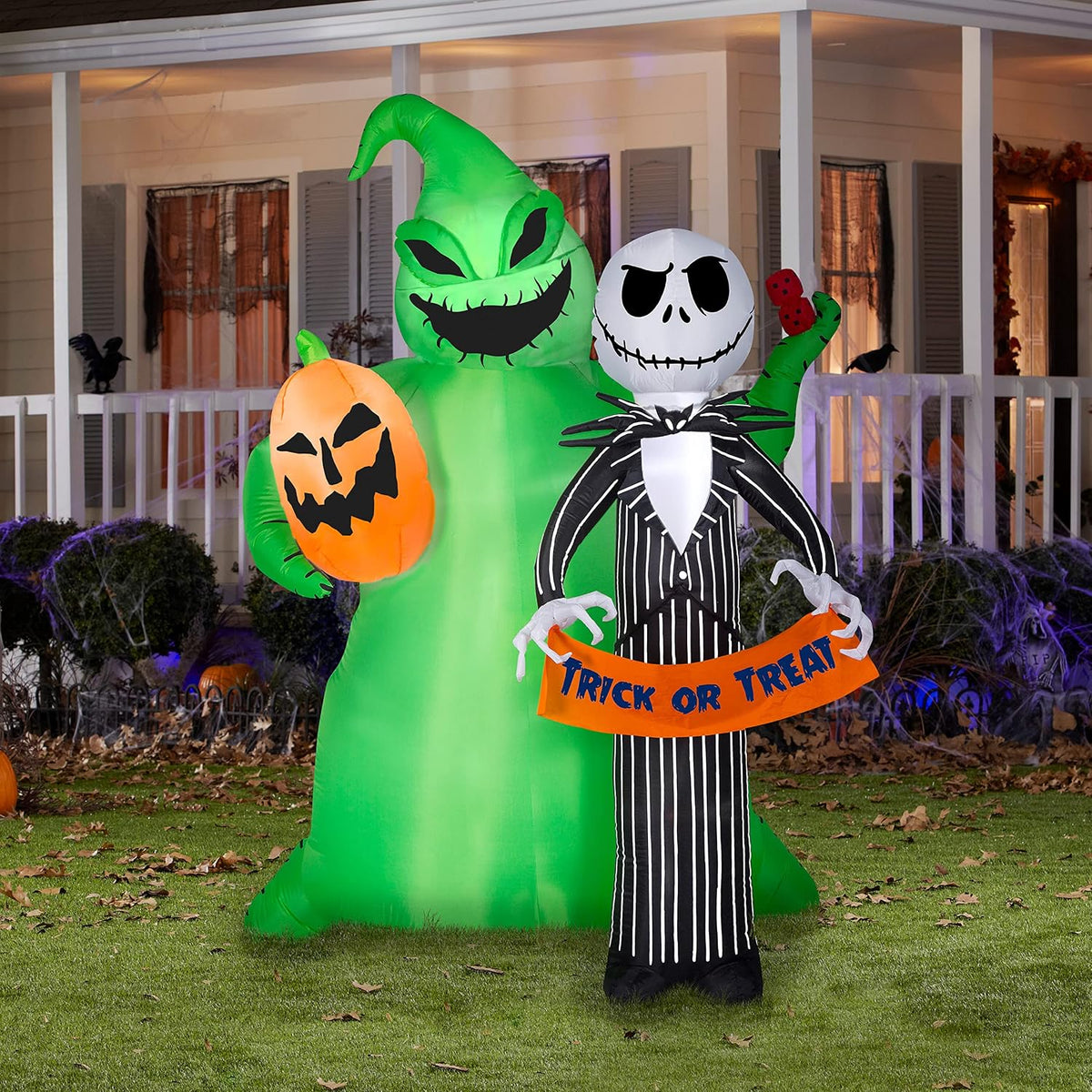 gemmy jack skellington halloween inflatable scene, 6.5 ft shown in use
