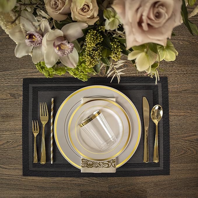 Neatiffy100 Pcs Gold Rim Plastic Dinnerware Set (50 Guest) | 50 x (Dinner Plate, Dessert Plate) | For Wedding, Luxurious Party, Special Event (100 Pcs)