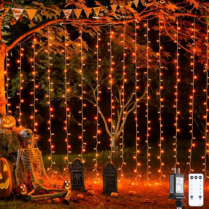 JMEXSUSS 300LED Orange Halloween Lights with Remote, 9.8x9.8ft Halloween Curtain Light, 8 Modes Orange Hanging String Lights Plug in for Fall Bedroom Thanksgiving Window Party Indoor Outdoor Decor