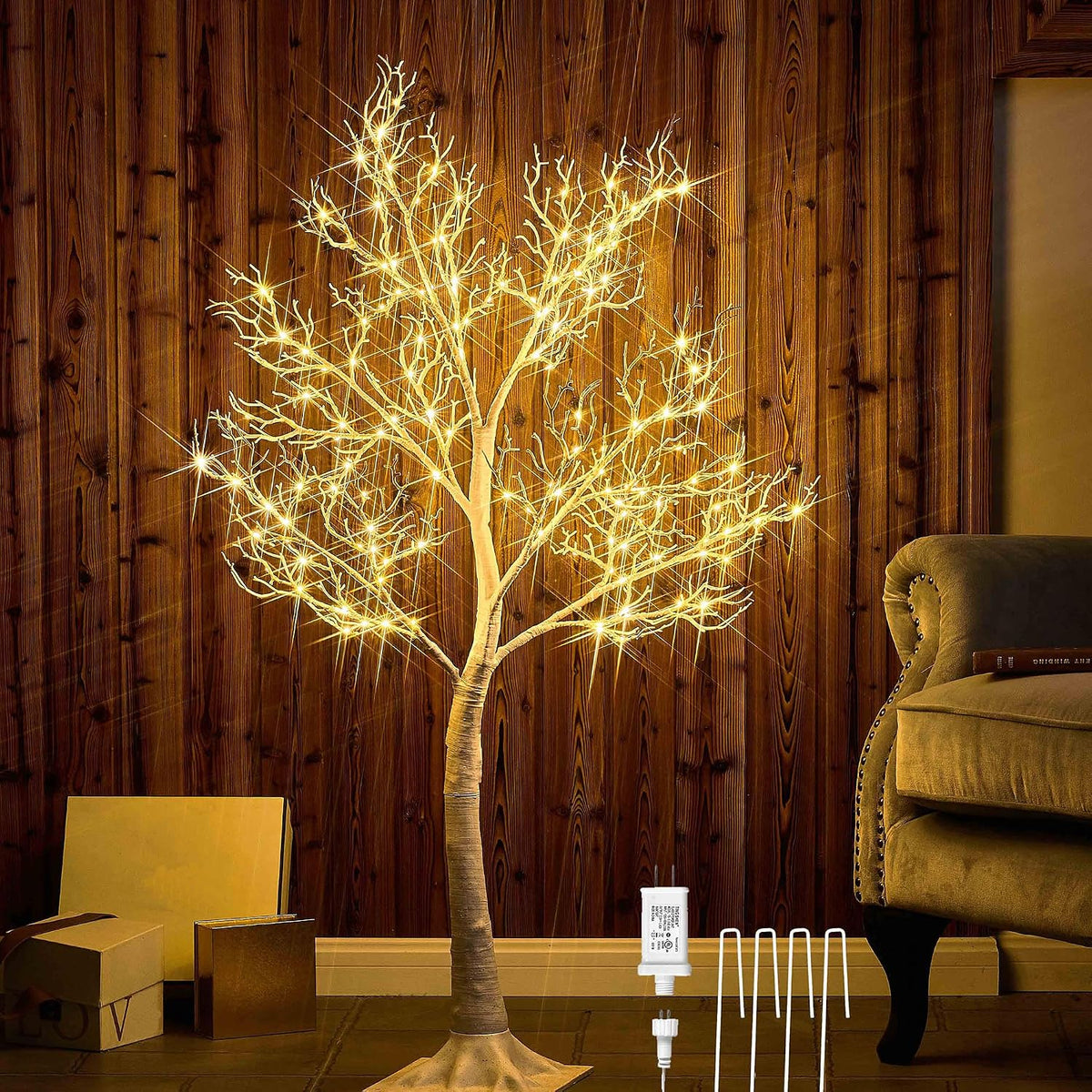 hairui lighted white twig tree with fairy lights shown in use