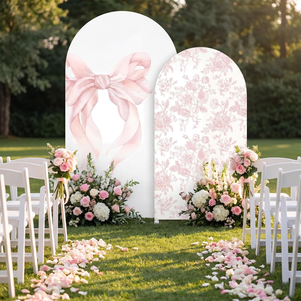 2 Set Pink Bow Floral Arch Backdrop Cover 7.2ft 6.6ft