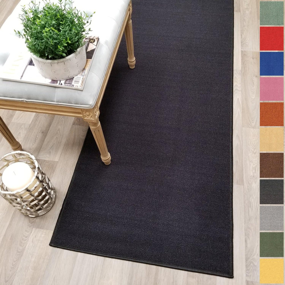 Custom Size Black Solid Plain Rubber Backed Non-Slip Hallway Stair Runner Rug...